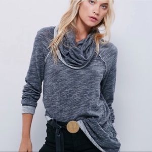 Free People Beach two tone gray cowl neck raw hem long sleeve pullover sweater